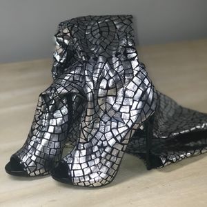 Bebe mosaic print thigh high peep toe boots